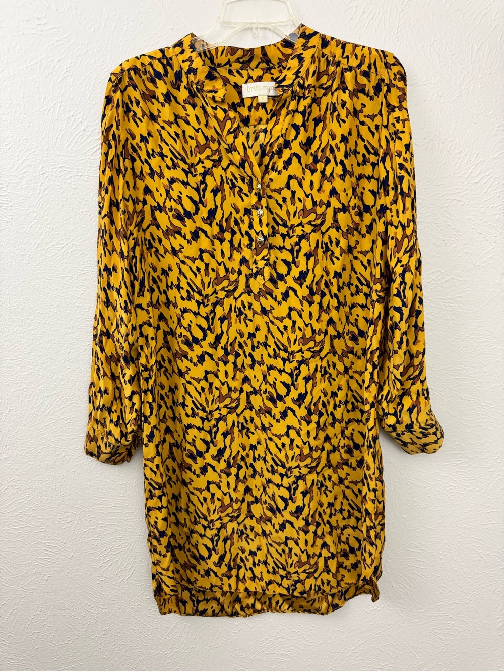 Britt Ryan 100% Silk Dress Size Small Mustard Mobwife Animal Print Tunic Mini